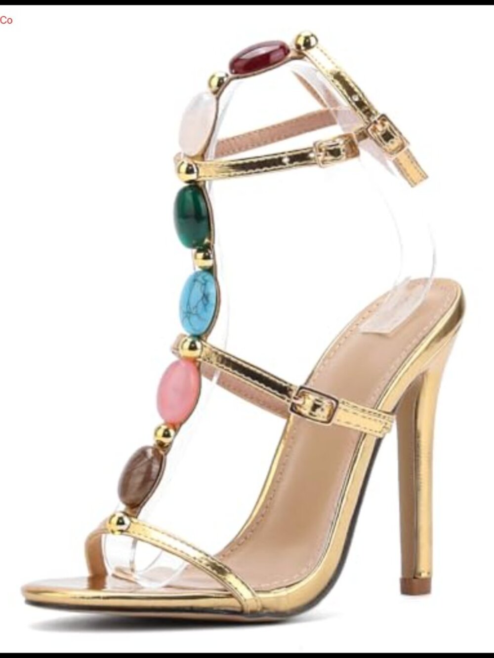 Kluolandi Jewelled Strappy Metallic Gold Patent Leather Stiletto Heels